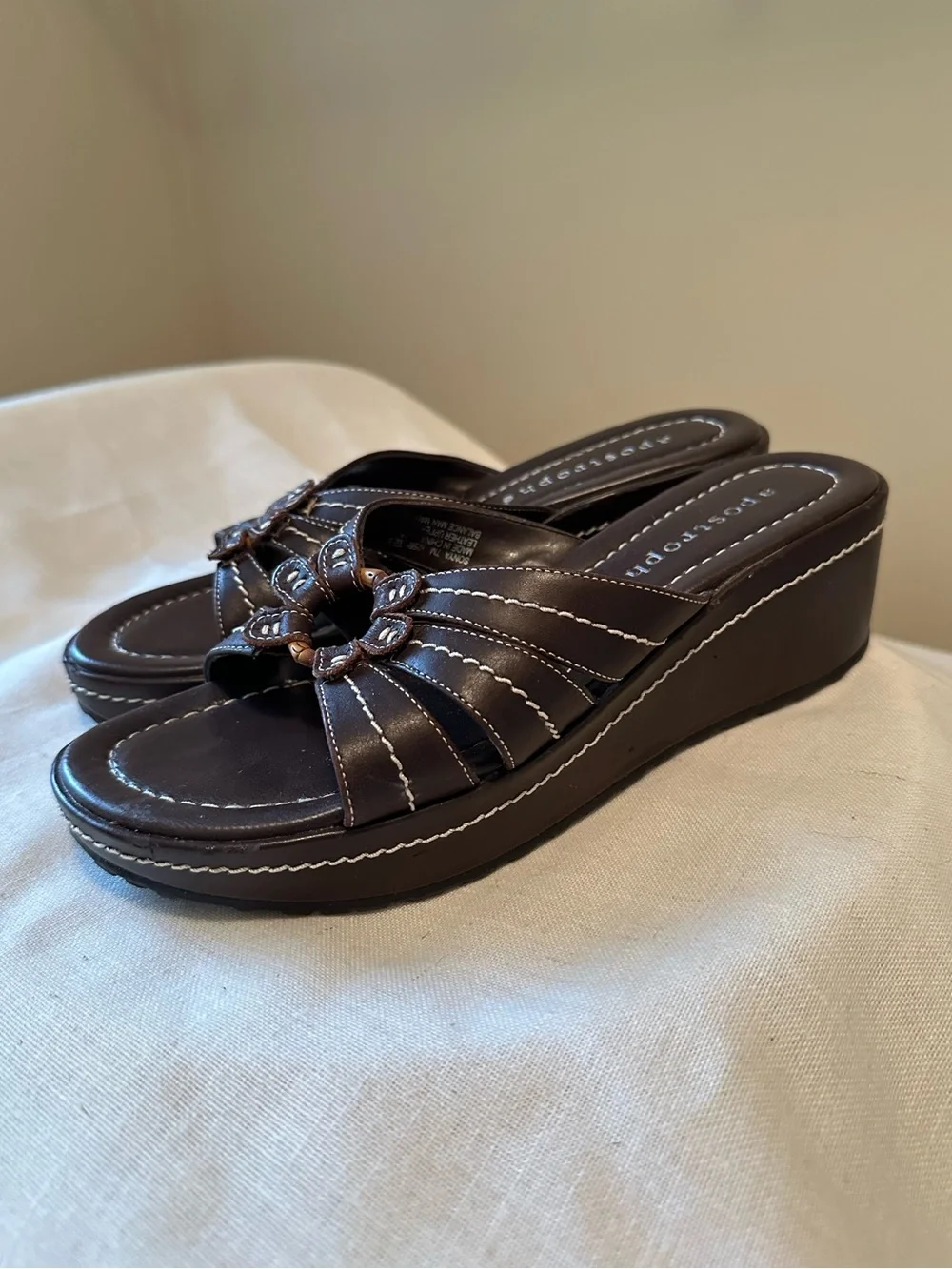 Y2K Apostrophe Sonya Brown Leather Wedge Slide Sandals 7 Boho 90s Chunky Grunge